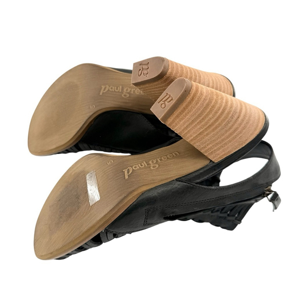 Paul Green Black Leather Woven Peep Toe Slingback Heels Size US 7.5 and EU 5 - Picture 6 of 11